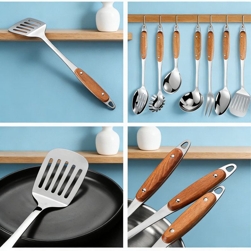 Ensemble d'ustensiles de cuisine 9 pièces en acier inoxydable avec poignées en bois - Comprend une cuillère, une spatule, une louche, un écumoire, une cuillère à pâtes - Va au lave-vaisselle et est ergonomique pour toute la batterie de cuisine