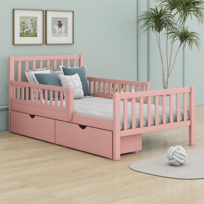 Wood Platform Bed With Guardrails On Both Sides And Drawers, Pink, Twin