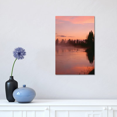 USA, Oregon, Deschutes National Forest. Fog Hovers Above The Deschutes River At Sunrise. by John Barger - Wrapped Canvas Print