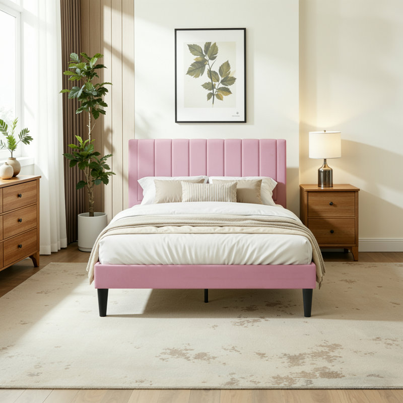Modern Upholstered Platform Bed With Seamless Headboard, No Box Spring Needed, Full Size, Queen Size, King Size, Queen, Pink