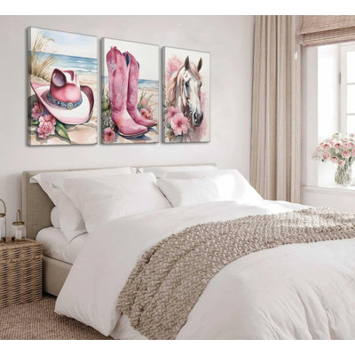 3 pièces côtières Western Cowgirl toile Art fleur rose bottes chapeau cheval esthétique peinture photos décoration murale Southern Girl Trendy Preppy affiches impression pour chambre chambre dortoir