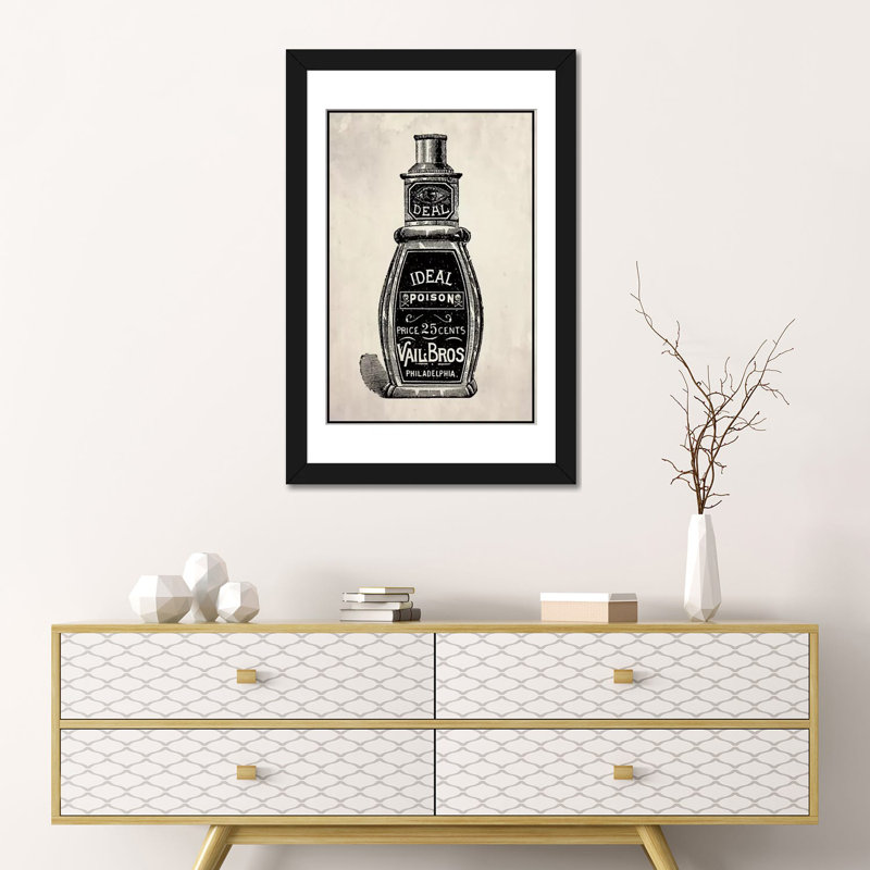 « poison », publicité rétro sur toile tendue, H 24 po x l 16 po x P 1 po, Papier d'art encadré noir, Blanc
