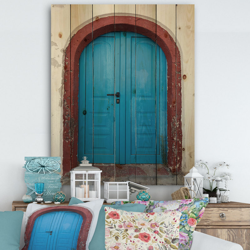 Vieille porte traditionnelle à Oia, Santorini, Grèce - impression d'art graphique sur bois, H 20 po x l 12 po x P 1po