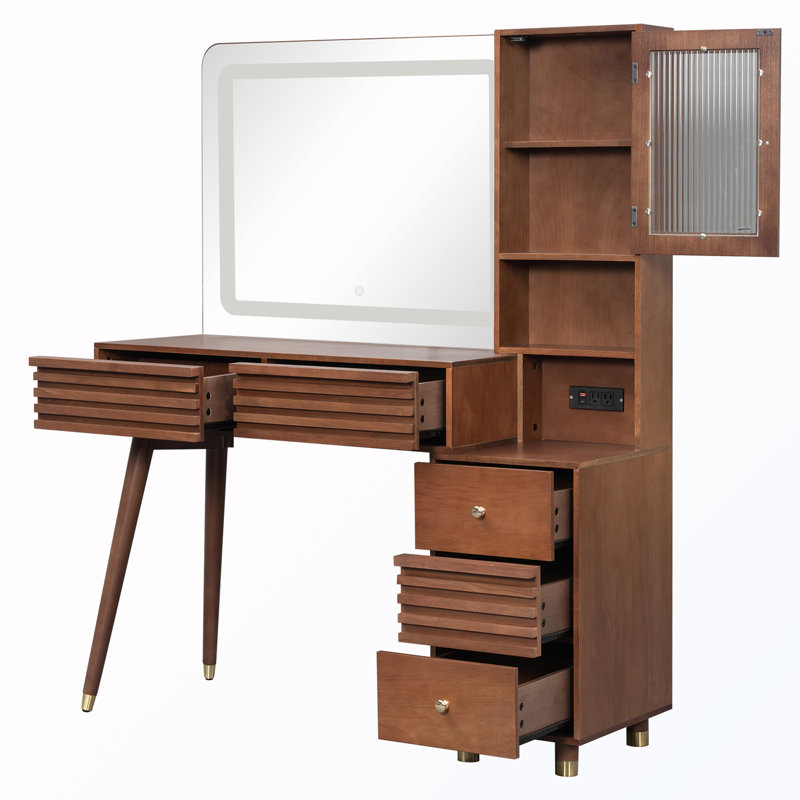 Coiffeuse à 5 tiroirs avec miroir et lumières et prise de courant, Brun