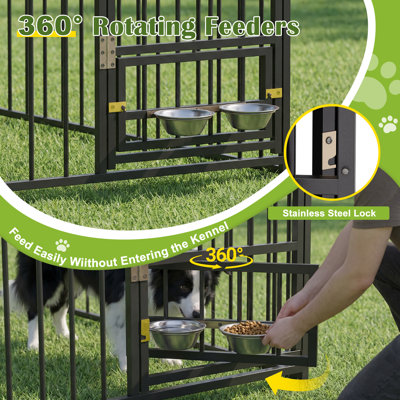 10×10×6 FT Dog Kennel Outdoor with Roof, Heavy Duty Metal Welded Dog Enclosure with Rotating Feeding Bowls, Waterproof Sun-Proof Cover, Double Safety Locks for Large Dogs