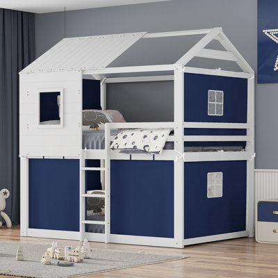 Lit double superposé en bois avec tente, bleu et blanc