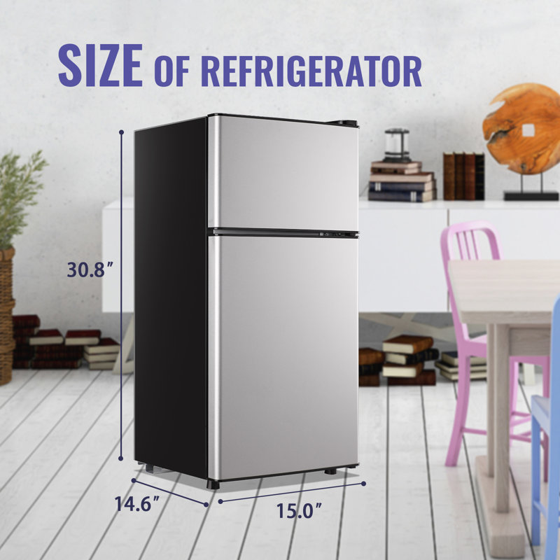 Compact Silver Dual Door Mini Fridge with Top Freezer