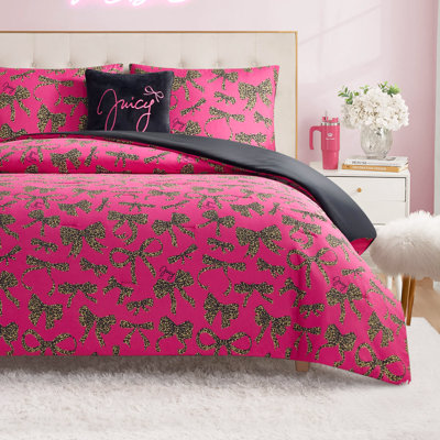 Juicy Couture Solid Plush Reversible Cheetah Bows Comforter Sets