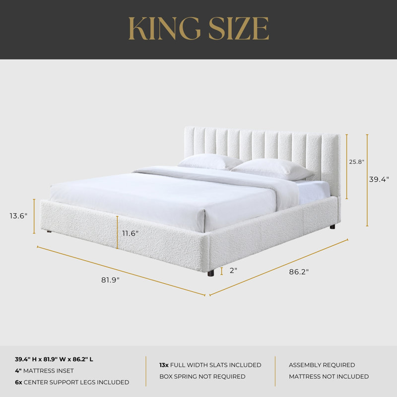 Petillo Jaxon Upholstered Platform Bed, King, White