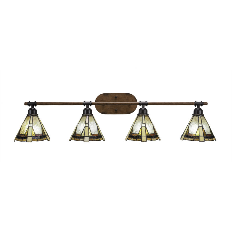 Blacksmith 4 Light Bath Bar Shown In Painted Wood-look Metal & Dark Granite Finish With 7" Zion Art Glass