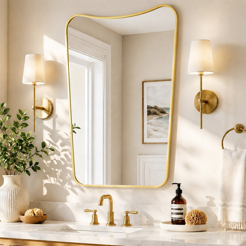 Miroir mural moderne à cadre incurvé, miroir décoratif pour salle de bain, Or brossé