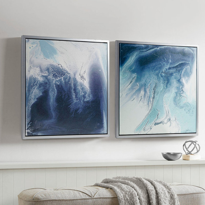 Décoration murale abstraite en toile bleue, 2, l 25,5 po x H 25,5 po, cadre en nickel brossé, création bleu froid et design