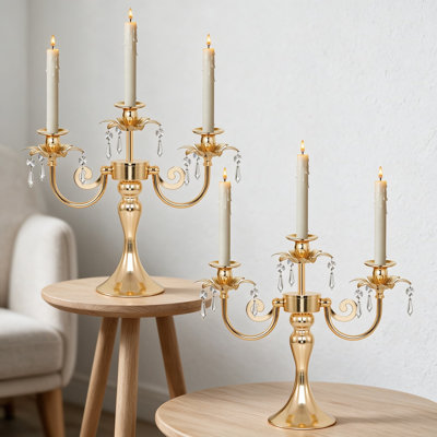 Candélabre en métal à 3 bras avec pendentifs en cristal - Ensemble de 2 porte-bougies élégants pour mariage, table de salle à manger, décoration de fête de Noël
