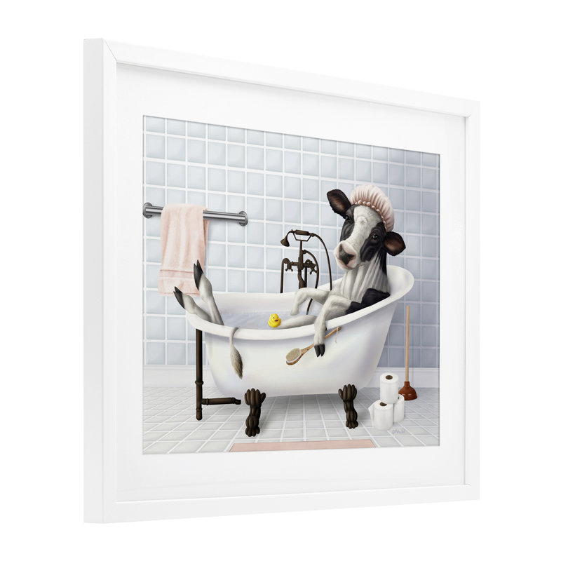 Vache et canard en caoutchouc dans la salle de bain, reproduction encadrée sous verre, design par Mehu Art, H 13 po x l 16 po