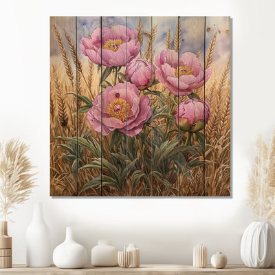 Pivoines dans le champ de blé III - Décoration murale en bois de pivoines - sur bois de pin naturel