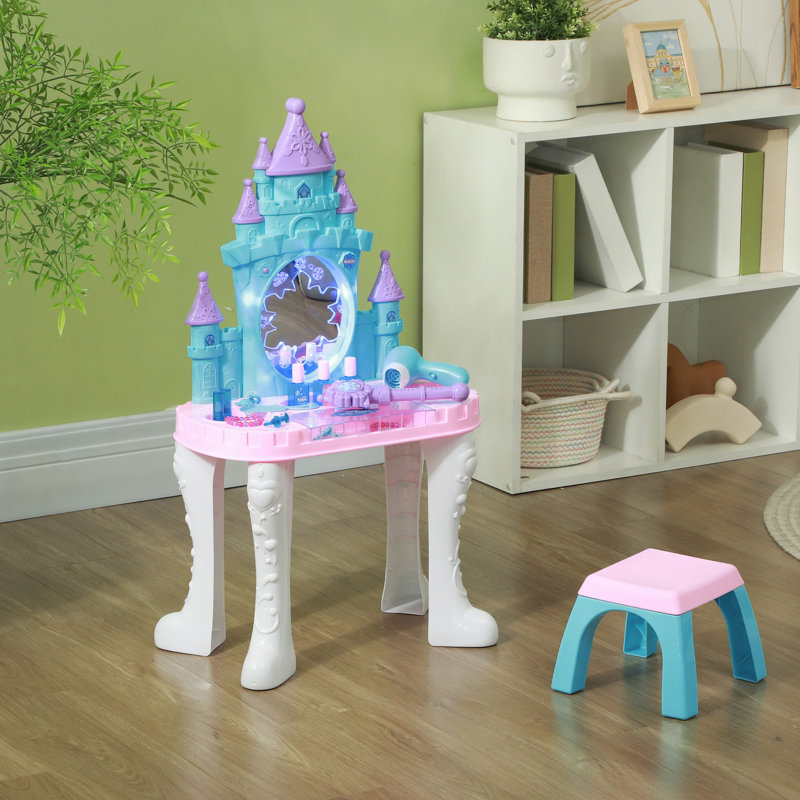 Ensemble de coiffeuse Qaba pour enfants avec miroir et tabouret, table de maquillage motif château avec lumière, musique, sèche-cheveux et 18 accessoires, jouet d'imitation pour filles de 3 à 6 ans