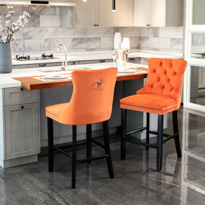 Élégantes chaises de bar en velours à boutons, éponge à rebond élevé, hauteur réglable, de 2 (orange contemporain orange, capitonnage, pieds en bois,