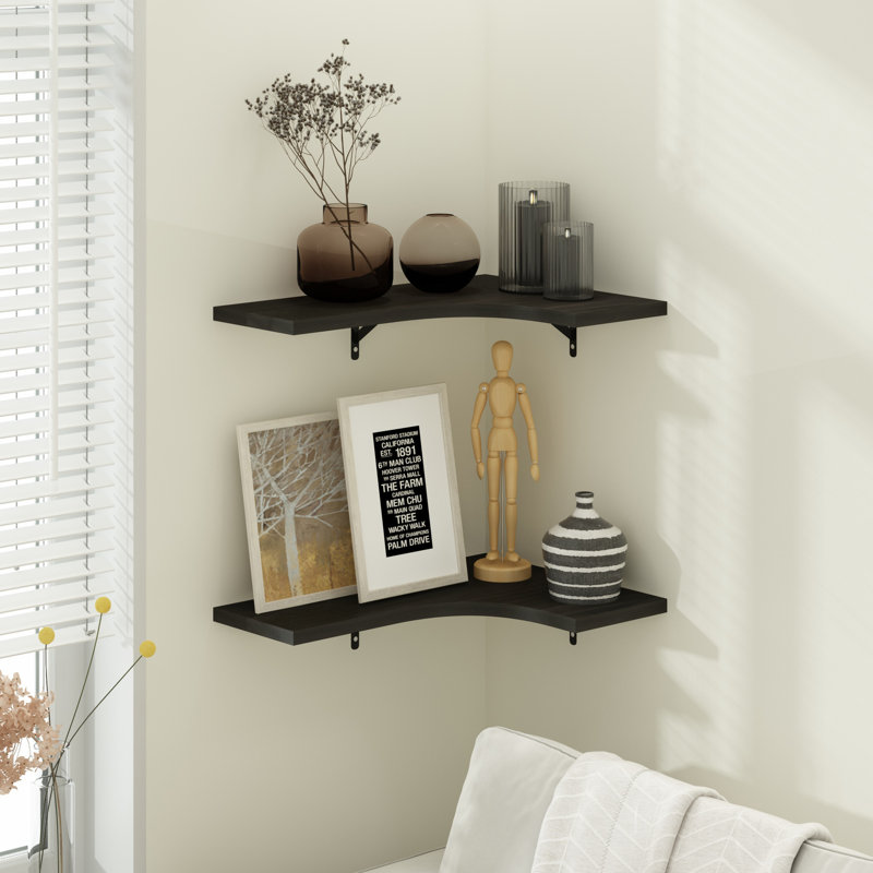 Ebern Designs Authement Wall Mounted Corner L-Shape Floating Display Shelves, Pine Oak, Set Of 2, Dark Espresso