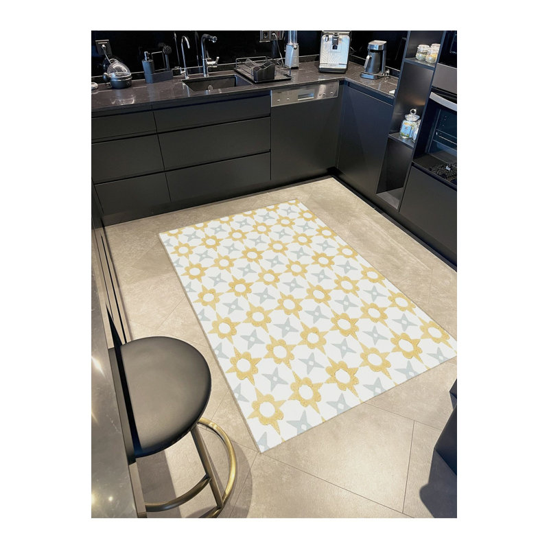 Tapis jaune lavable moderne en forme d'étoile à motif tissé, Sous-tapis rectangulaire de 3 pi 3 po x 4 pi 11 po