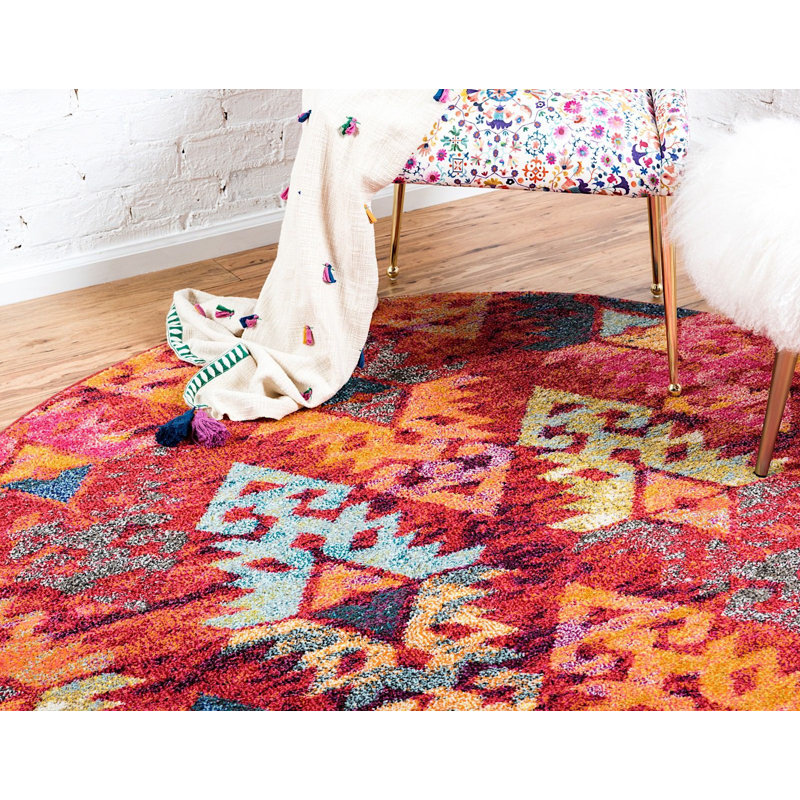 Tapis à motif géométrique rouge Sierra, Rond 3 pi 3 po