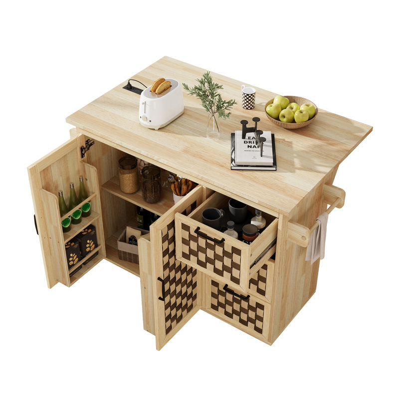 Îlot de cuisine à motif à damier tissé 3D de 53,2 po avec abattant, îlot de cuisine sur roulettes avec support de rangement interne, prise de courant, chariot de cuisine avec 3 tiroirs et 2 armoires