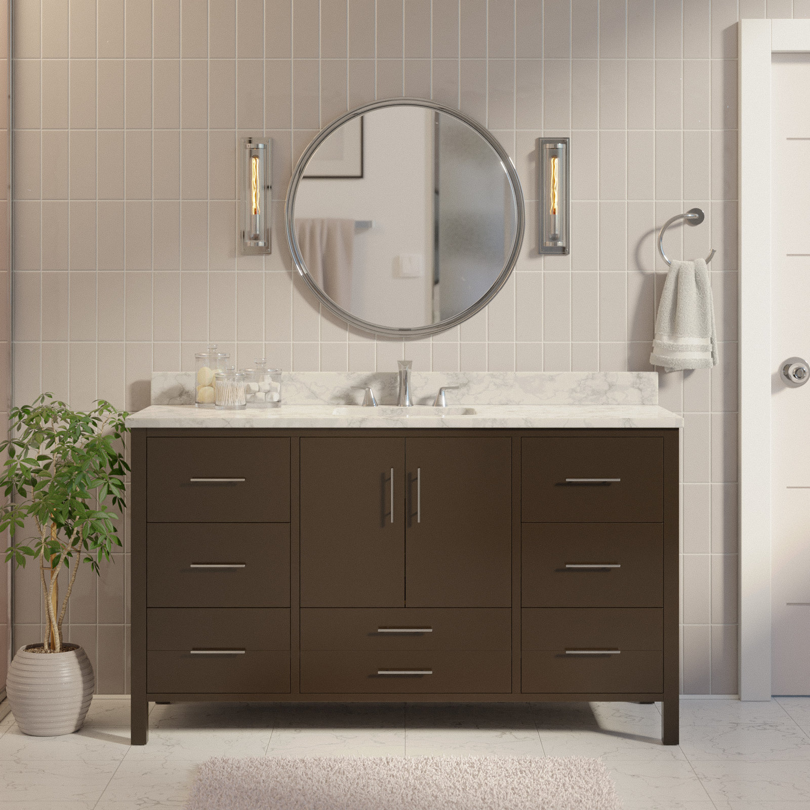 Kiara 60" Carrara Marble Single Bathroom Vanity, Chocolate, Carrara Marble