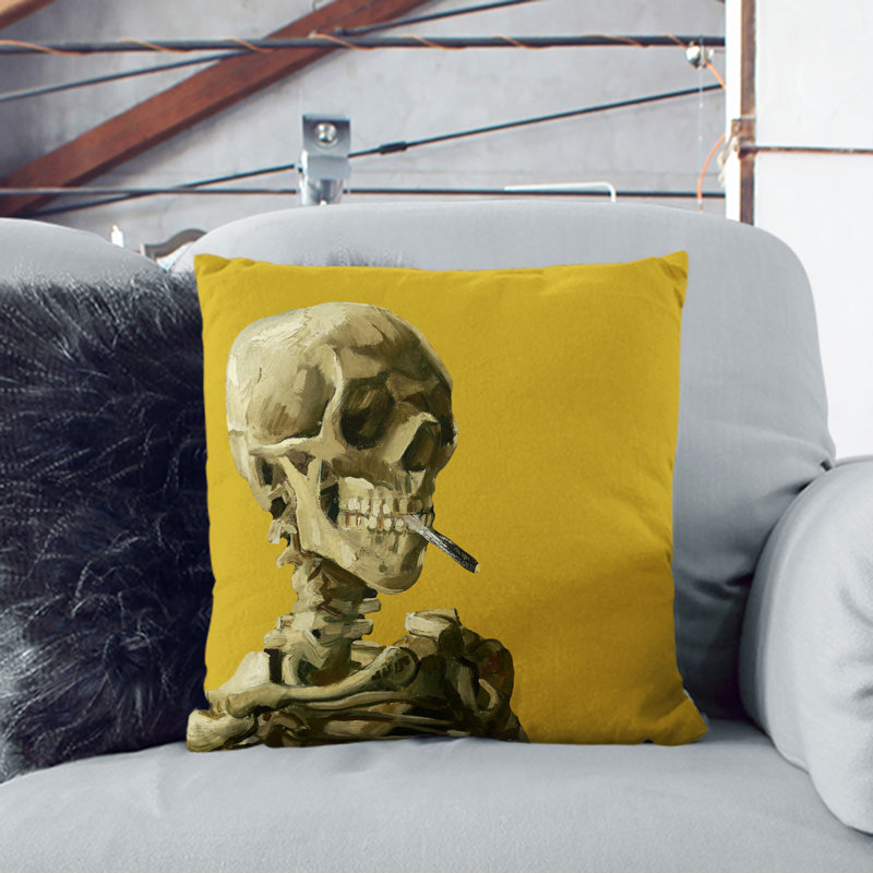 Mustard Skull Of A Skeleton With Cigarette Square Throw Cushion, 40cm H x 40cm W x 15cm D, Stone
