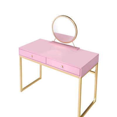 Bureau de coiffeuse à finition dorée avec miroir et plateau à bijoux