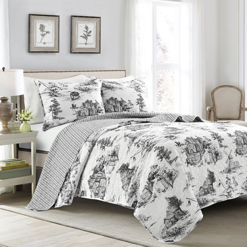 Lush Decor French Country Toile Reversible Cotton Quilt Set, Yellow/Gray, King Quilt + 2 Pillow Shams
