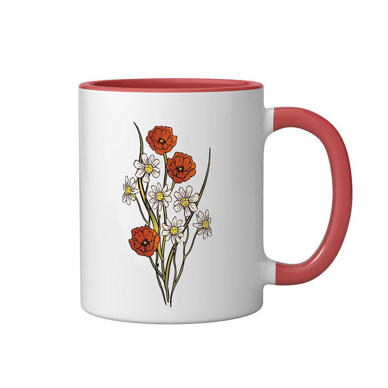 Chamomile Poppy Wildflower Ceramic Mug, 11oz, Red