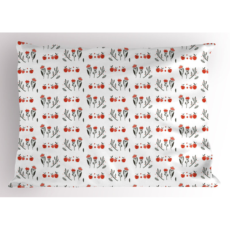Ambesonne Floral Pillow Sham 2 Pack Apples Flowers Leaves Motif White Vermilion