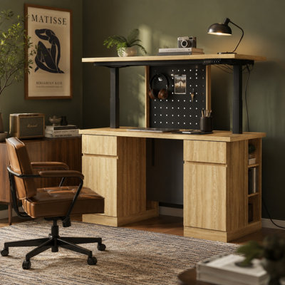 Bureau assis-debout électrique réglable en hauteur de 138 cm (54,3 po) de largeur avec armoires de rangement, panneau perforé, éclairage DEL, étagère réglable et mémoires de position