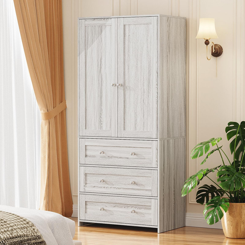 Armoire-penderie avec tiroirs et miroir Armoire, armoire de rangement pour vêtements 71 "avec tringle, Grey Oak