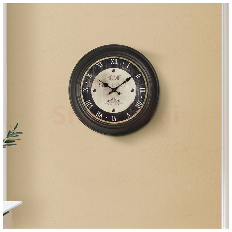 Horloge murale ronde de 16 pouces avec finition brun antique et chiffres romains faciles à lire