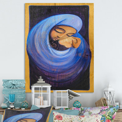 «Blue Madonna Christmas Art», reproduction d'art murale traditionnelle en bois
