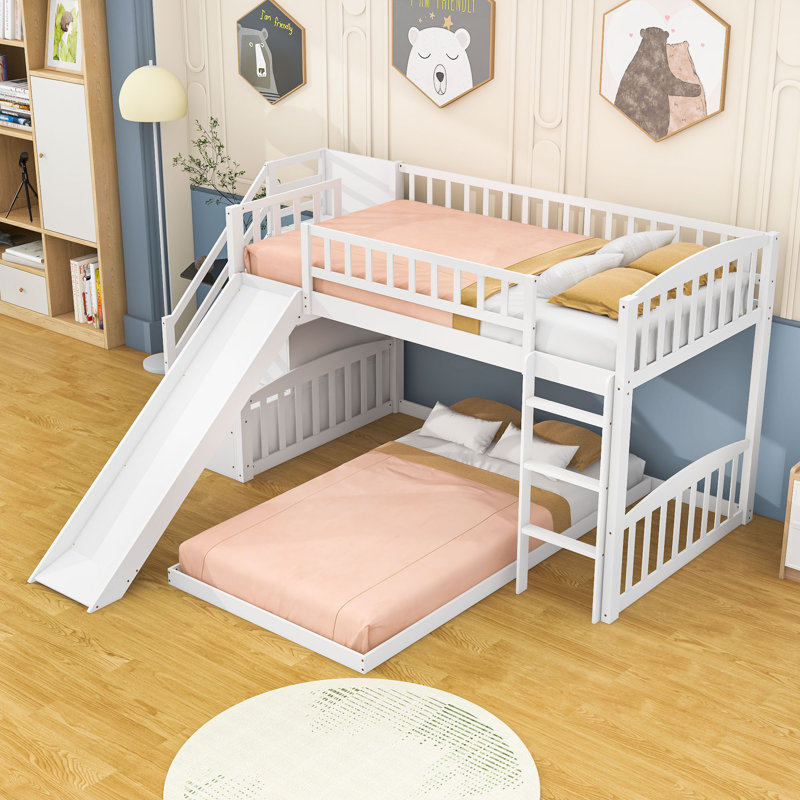 Wood Twin Over Twin Bunk Bed With Slide And Storage Staircase, White
