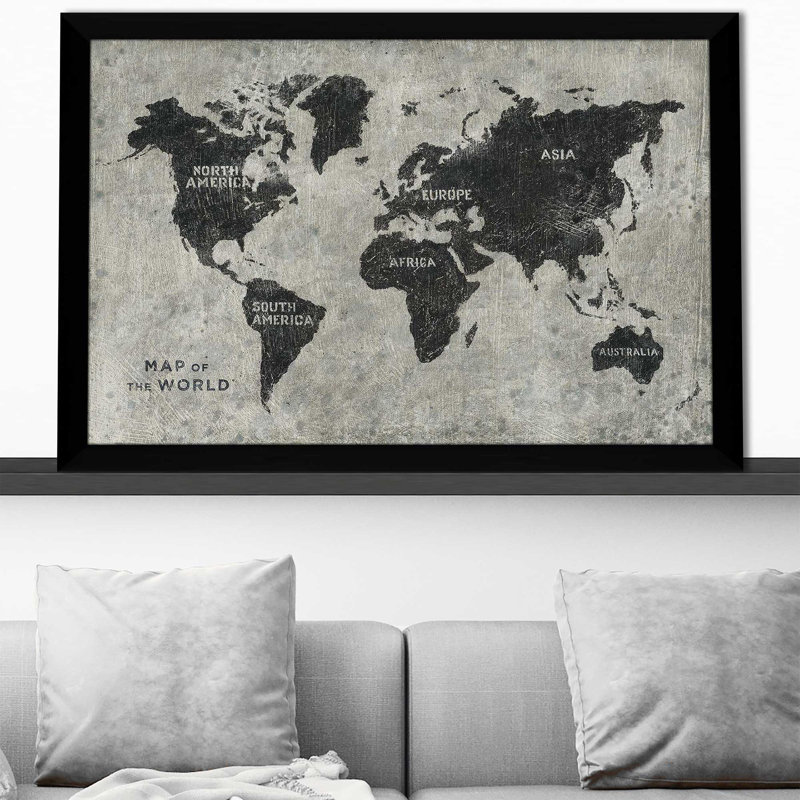 Carte du monde grunge - impression, Cadre noir, H 27,5 po x l 39,5 po x P 0,75 po