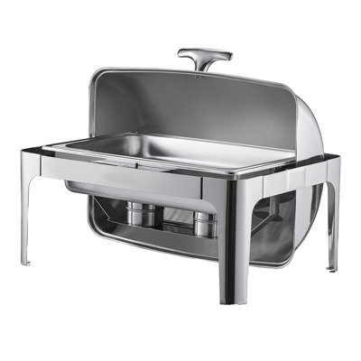 Roll Top Chafing Dish Buffet Set, 9 Qt, 1 Pack, Stainless Steel, Rectangle Catering Warmer Server with Full Size Pan, Lid, Water Pan, Folding Stand and Fuel Holder, Silver
