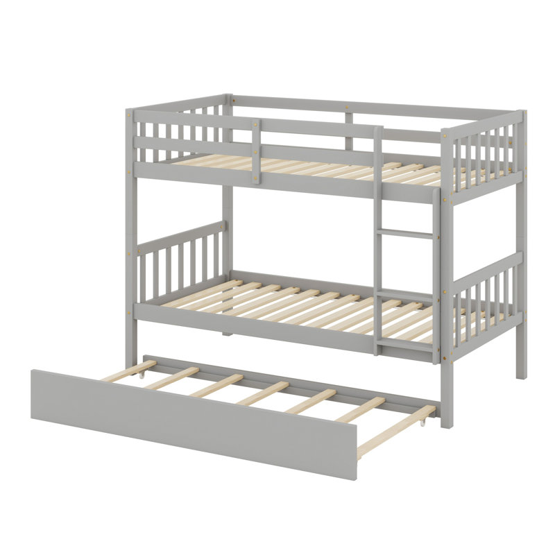 Rubber Wood Bunk Bed Including Trundle, Ladder, Guardrails, Gray