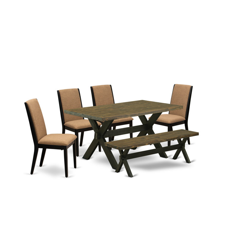 L'ensemble de table de salle à manger 6 pièces contient une table rectangulaire en bois avec des pieds en X et 4 chaises Parson en tissu de lin sable clair avec un banc, noir brossé
