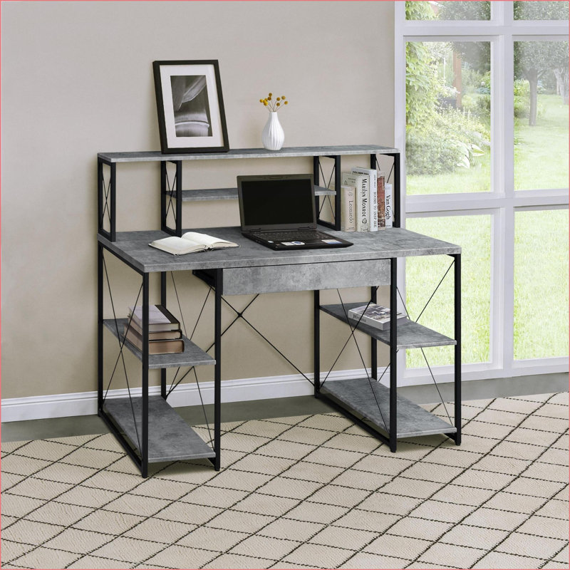 Bureaux avec huche, tiroir et amp; Tablettes ouvertes de 47,5 po de largeur Bureau noir | Noir + gris | Bois et métal, Gris