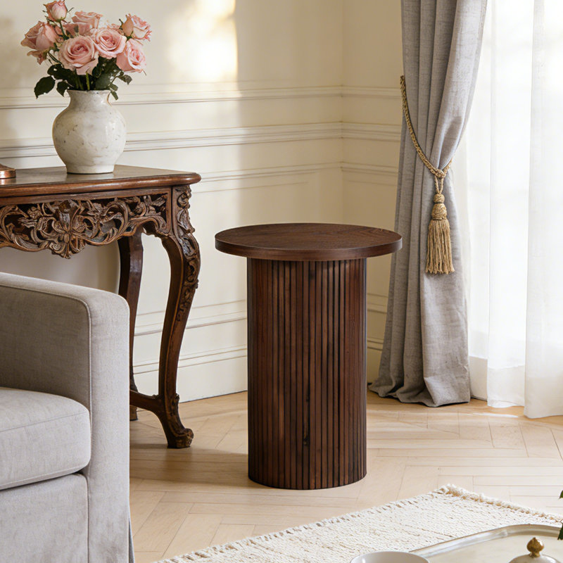 Pedestal Wood Round End Table, Brown