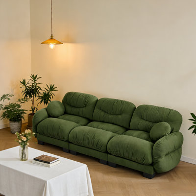 3 Seater Modular Sofa, Plush Chenille Fabric Couch With Ergonomic Foam Seat, Pleated Design & Round Throw Pillows, Flexible Sectional Sofa For Living Room