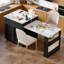 Îlot de cuisine extensible avec table de salle à manger, plateau en faux marbre, rangement double face, prises de courant et roulettes pour une utilisation polyvalente