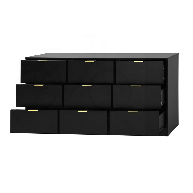 Commode noire 9 tiroirs, grande commode profonde de 63 po, commode en bois avec 9 tiroirs pour la chambre à coucher, commodes longues pour le salon, couloir