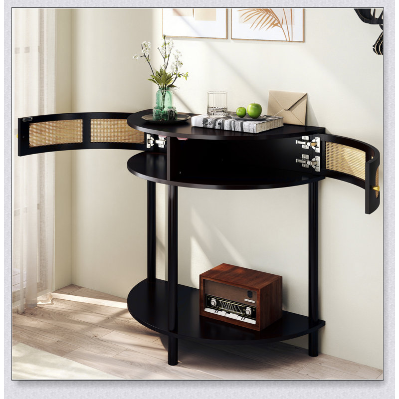 Unique Half Moon Design End Table With Sliding Rattan Door, Elegant Semi-Circle Entryway Furniture, Black