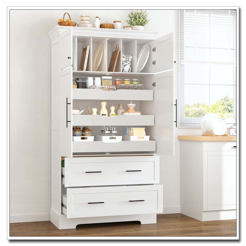 Armoire de rangement 72,6 po, 4 portes avec plateaux coulissants, tiroirs et rangement pour moule à gâteau, Blanc