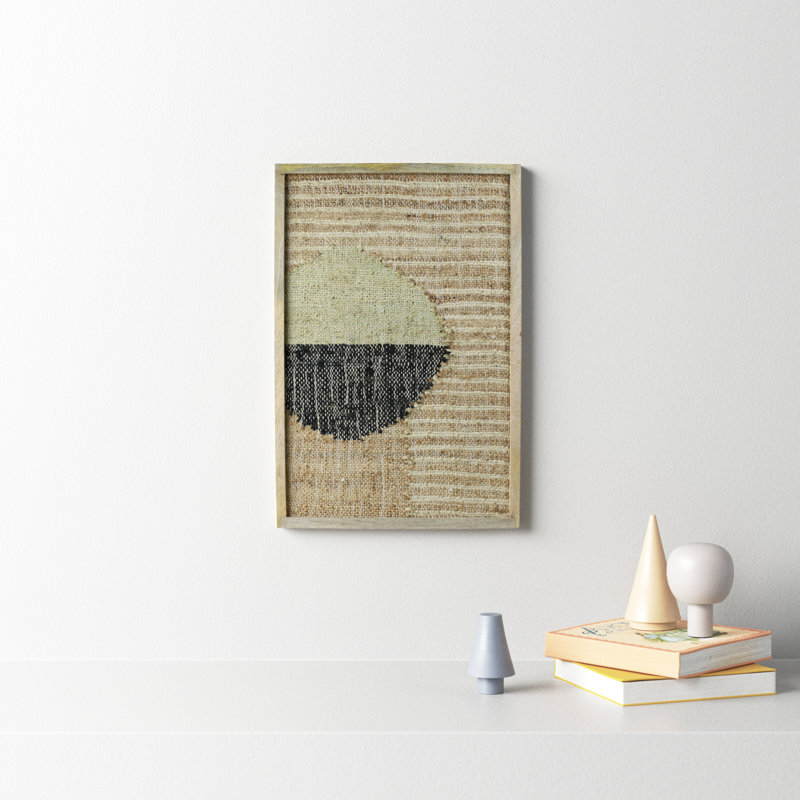 24'' Beige and Black Cotton Hemp Wall Art with Mango Wood Frame