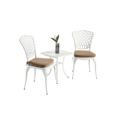3 Piece Cast Aluminum Patio Furniture Bistro - 2 Chairs & 1 Table With White Cushion For Outdoor Use Robust And Simple To Assemble Living Spaces