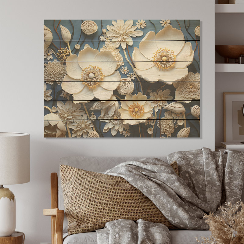 Minimalisme renoncules sur bleu I - Art mural sur bois de pin sur bois de pin naturel, H 10 po x l 20 po